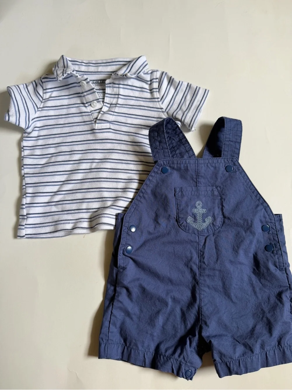 Carter's Navy Blue Short Overalls with White & Navy Striped Polo